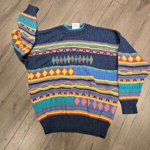 Vintage 90s The Sweater Shop Coogi Style Multicolour Knit Sweater - EUC